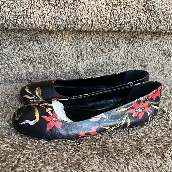 Balenciaga Women's Black Floral Leather Ballet Flats - Picture 2 of 12